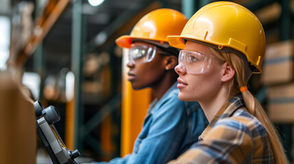 
Two young warehouse workers, one African American and one Caucasian woman, don protective helmets as they utilize barcode scanner equipment for stock supervising.