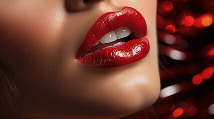Close-Up of Red Lipstick On Beautiful Women Wet Lips Background Blur