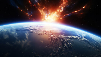 A view of the Earth from space as a magnetic storm approaches. Scientific illustration. Generative AI