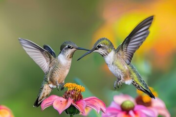 Fototapeta premium Two hummingbirds hovering over the same flower