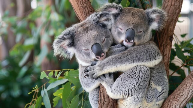 Two koalas cuddling on a eucalyptus tree