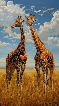 Two giraffes necking gently in the savannah