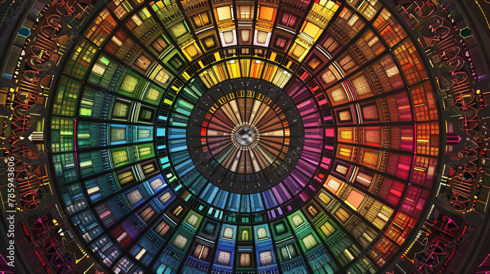 Poster intricate circle pattern with rainbow mosaics for a detailed geometric display.