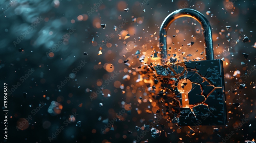 Poster a padlock shattering into fragments, data flowing freely, representing a security breach.3d renderin
