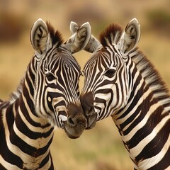 Two zebras rubbing noses affectionately