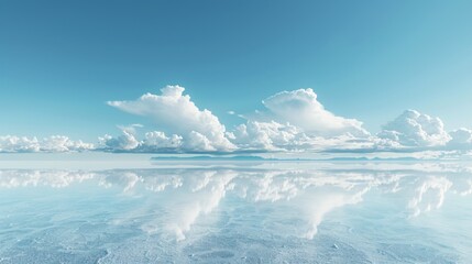 A panoramic view of a salt flat stretching out to the horizon. The sky is a clear blue, with perfect reflections of the clouds on the wet salt surface.