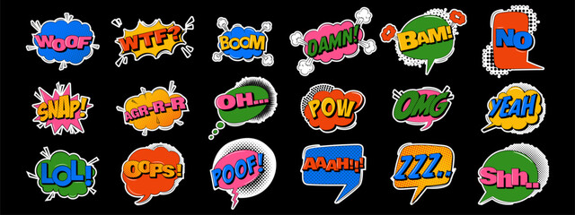 Comic sound effects in trendy retro style. Collection of pop art stickers
