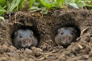 Two moles peeking out from their holes - obrazy, fototapety, plakaty