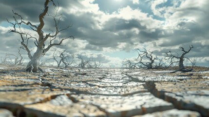 A parched and cracked earth with dead trees, symbolizing the devastating effects of drought on landscapes.3D rendering.