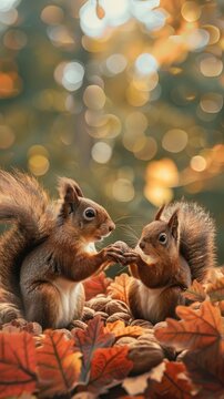 Two squirrels gathering nuts together in autumn