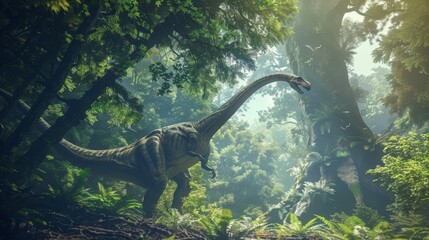 A peaceful scene of a Brachiosaurus with a long neck reaching for leaves on a towering tree.