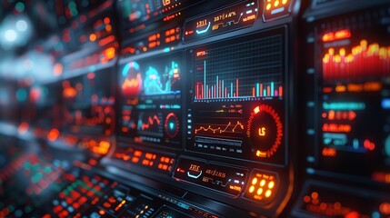 A 3D illustration of a digital stock market dashboard with glowing graphs and data analytics, set in a futuristic control room