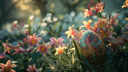 A photo of a decorated Easter egg hidden amongst blooming lilies in a lush garden, bathed in the soft light of dawn.3D rendering