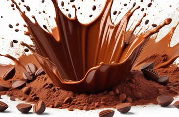 Explosion and splashes of cocoa powder and drink, isolated, promotional photo
