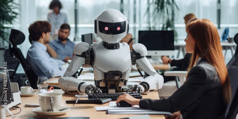 Poster a humanoid robot with advanced features is seated at a desk, engaging in tasks alongside human colle