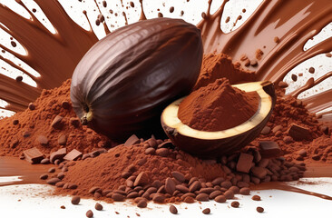 Explosion and splashes of cocoa powder and drink, cocoa beans, isolated, promotional photo