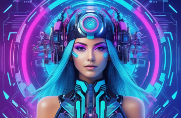 A woman in a futuristic neon suit and virtual reality glasses, the technology of the future. The concept of artificial intelligence. VR