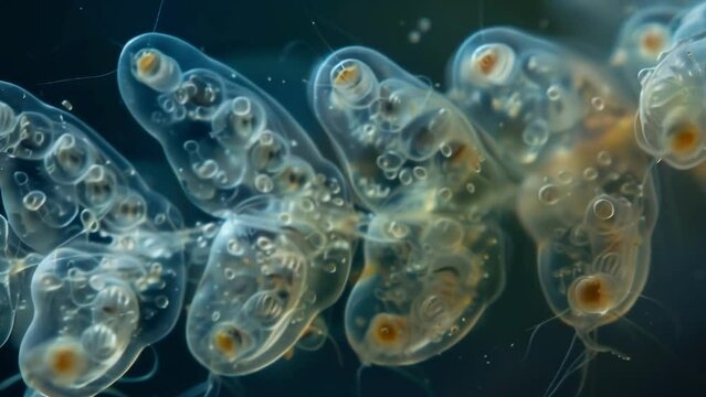 A group of newborn rotifers hatching from their protective cysts. These microscopic organisms have a unique cycle where females produce . AI generation.