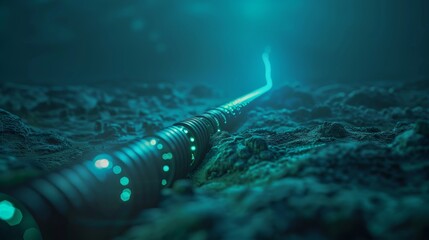 A powerful undersea fiber optic cable glowing with data as it transmits information across the ocean floor. - obrazy, fototapety, plakaty