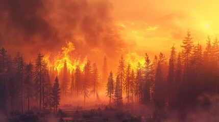 A raging wildfire burning through a forest, smoke billowing into a hazy orange sky, representing the increased risk of wildfires due to global warming.