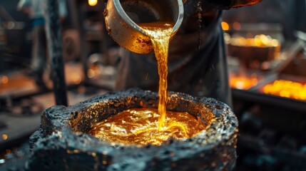 A refinery worker pouring molten gold into a mold, showcasing the transformation of raw materials into valuable gold products. - obrazy, fototapety, plakaty