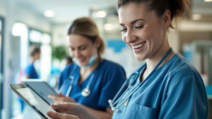 Within the cutting-edge clinic environment, a nurse and medical professional stand together, their faces alight with smiles as they work seamlessly with tablets,.