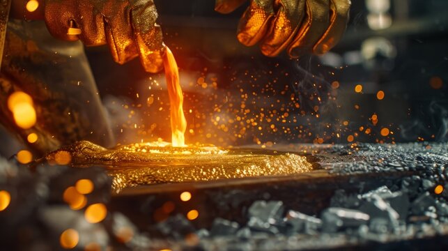A refinery worker pouring molten gold into a mold, showcasing the transformation of raw materials into valuable gold products.
