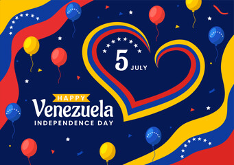 Fototapeta na wymiar Happy Venezuela Independence Day Vector Illustration on 5 July with Flags, Balloon and Confetti in Memorial Holiday Flat Cartoon Background