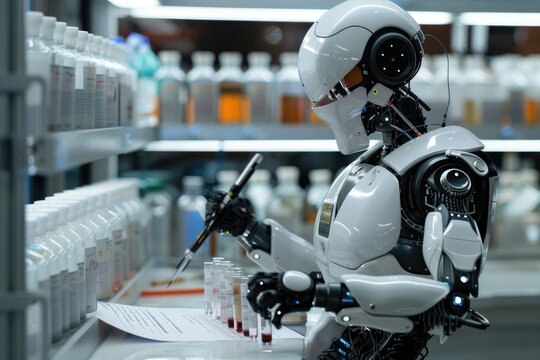 A humanoid robot is conducting experiments in the laboratory, holding test tubes and using an electronic pen to write down data on paper.