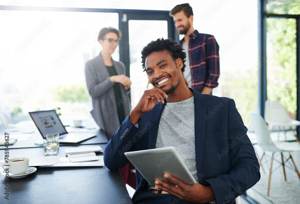 Poster tablet, portrait or black man in startup for problem solving, social network or software update on t