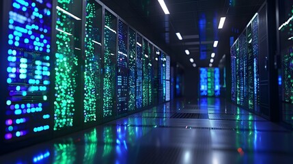 Fototapeta premium High Tech server room with advanced data center technology. The scene includes rows of large computer. This design symbolizes modern tech innovation in cloud computing and security services.