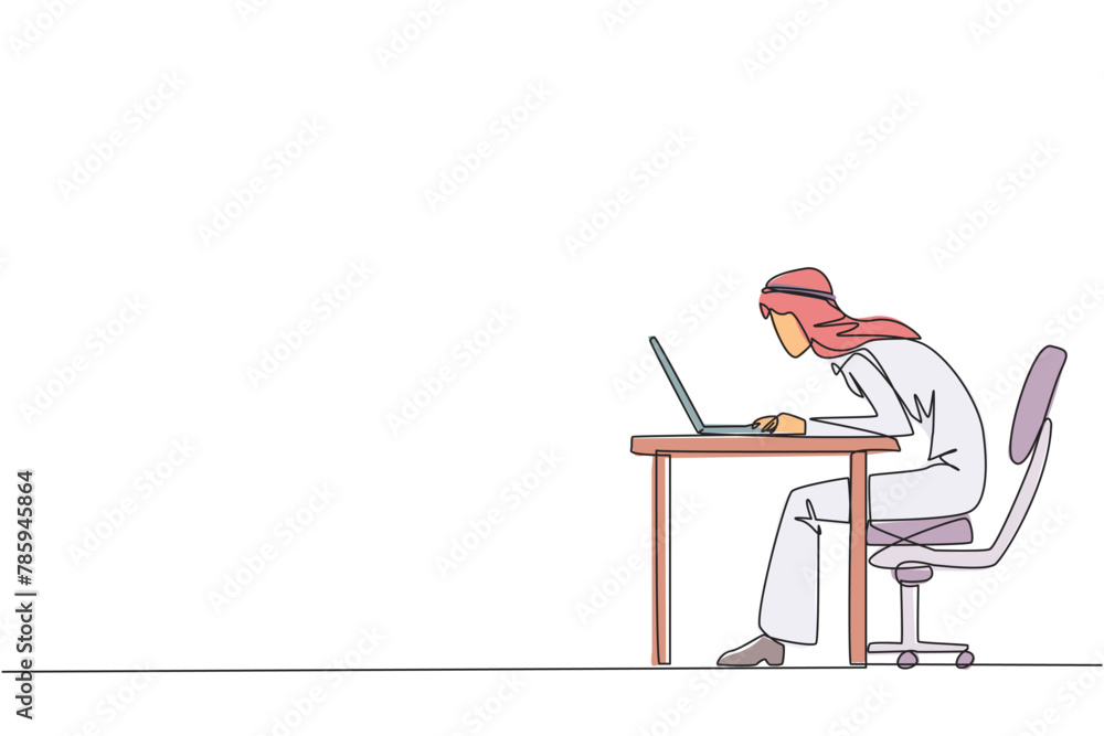 Poster single continuous line drawing arabian businessman sitting and typing on laptop computer. work hard 