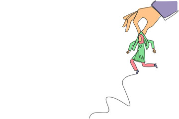 Continuous one line drawing big hand holding Arabian businesswoman. Workplace moving metaphor. Position transfer. Level up. Have bigger responsibilities. Single line draw design vector illustration