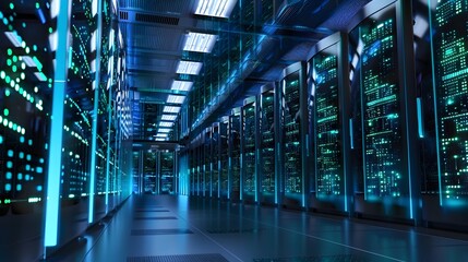 High Tech server room with advanced data center technology. The scene includes rows of large computer. This design symbolizes modern tech innovation in cloud computing and security services.