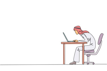 Single continuous line drawing Arabian businessman sitting and typing on laptop computer. Work hard to achieve maximum expected results. Overtime and work smart. One line design vector illustration