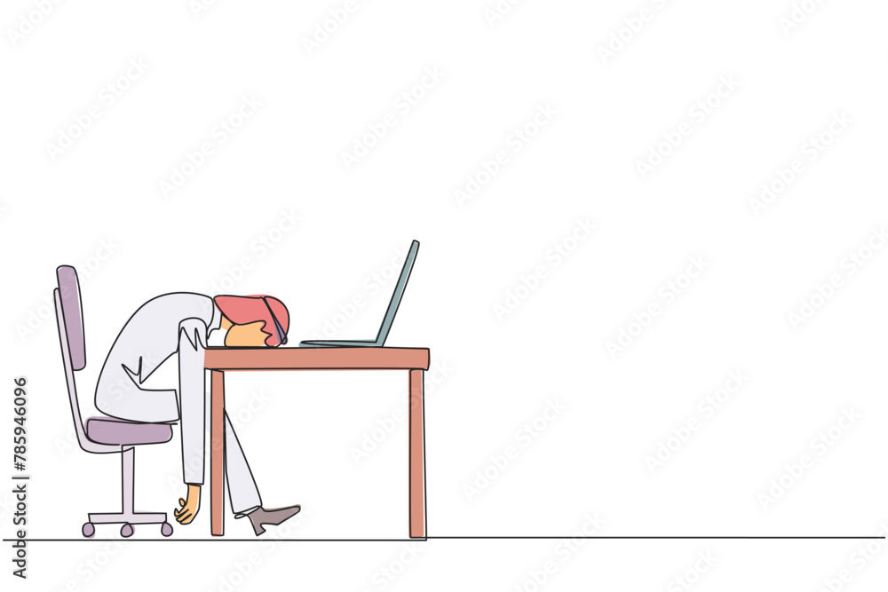 Poster single continuous line drawing arabian businessman fell asleep in front of a laptop computer. fatigu