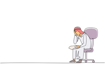 Single continuous line drawing sad Arab businessman sat limply in chair. Pensively holding a piece of bill paper. The large of receivables, business will collapse. One line design vector illustration