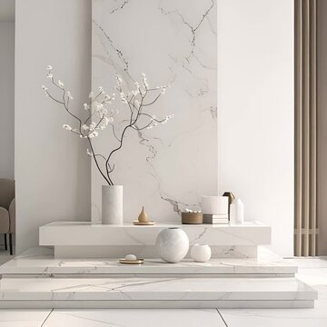 Marble tiles with white and gray veins. White marble plinth with white and gray vases and decorations.