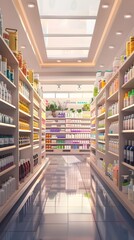 Warm,Inviting Aisle of Innovative Skincare Products in a Pristine Modern Drugstore