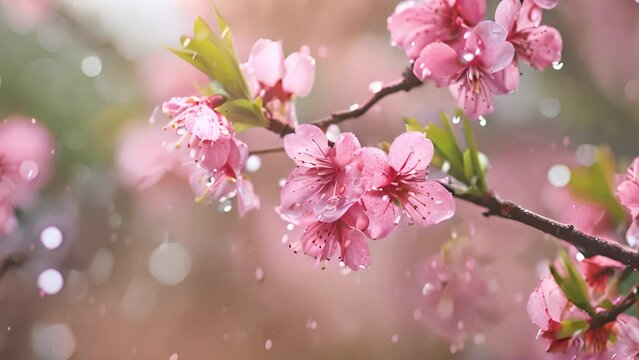 Peach Blossom Closeup in Spring Rain