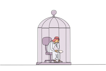 Single continuous line drawing Arab businessman trapped in cage sitting pensively holding paper. Failed business. Read the bankruptcy statement. Frustration. Sad. One line design vector illustration