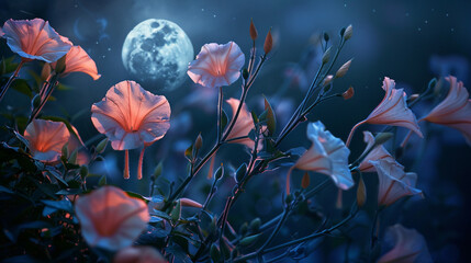 a moonlit garden, where moonflowers unfurl their ethereal petals under the silver glow of the moon, casting enchanting shadows upon the earth - obrazy, fototapety, plakaty