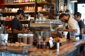 A bustling coffee shop with baristas busy behind the counter, serving up freshly brewed espresso drinks and gourmet sandwiches, Generative AI