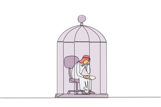recommend clip art: Single continuous line drawing Arab businessman trapped in cage sitting pensively holding paper. Failed business. Read the bankruptcy statement. Frustration. Sad. One line design vector illustration