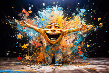 Exuberant Sculpture of Joyous Character Celebrating with a Colorful Paint Explosion