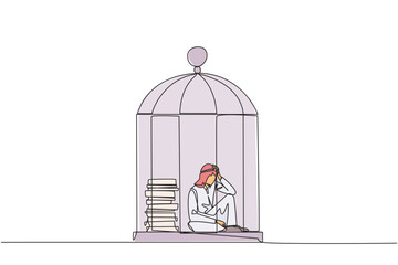 Continuous one line drawing Arabian businessman trapped in cage sitting down frustrated. Stress with piling up unfinished work until close to deadline. Exhausted. Single line draw vector illustration