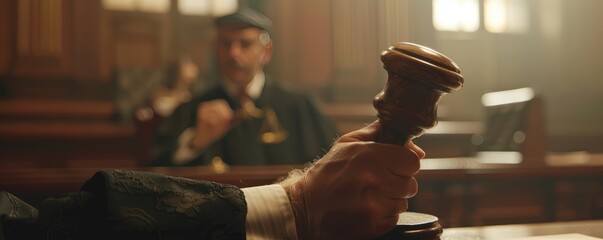 A dramatic courtroom scene focusing on a judge's gavel being held, symbolizing justice and authority. - obrazy, fototapety, plakaty