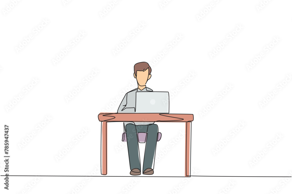 Poster continuous one line drawing businessman sitting and typing on laptop computer. prepare important dat