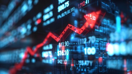 The stock market is growing, represented by an upward pointing red arrow on a blue background with numbers and graphs. numbers and graphs to depict stock market growth. - obrazy, fototapety, plakaty