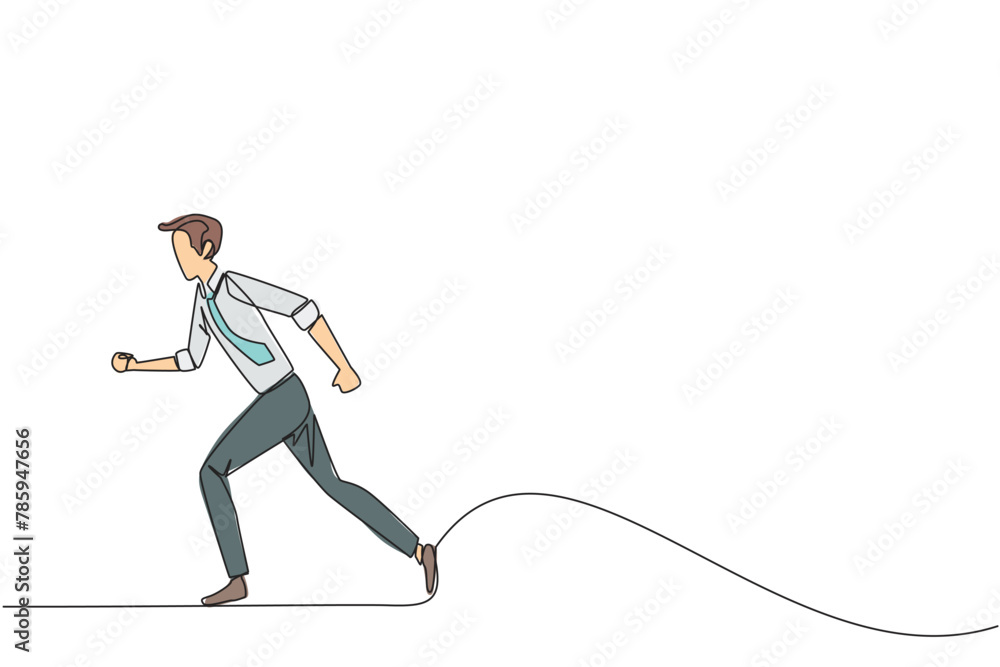 Poster single continuous line drawing businessman doing light exercise. walking or running aims to maintain